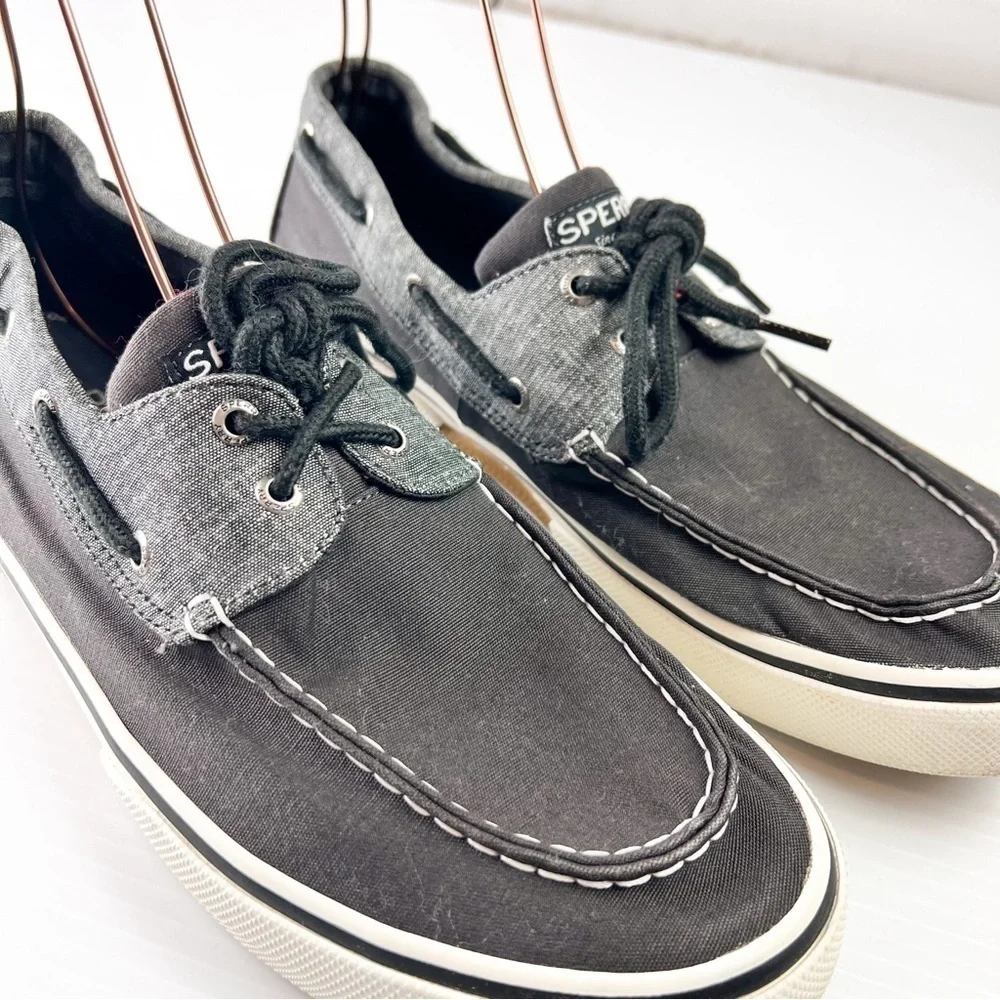 Sperry Loafer Men's 12 Grey Black Cutter 2-Eye Boat Canvas Slip On Casual Shoe